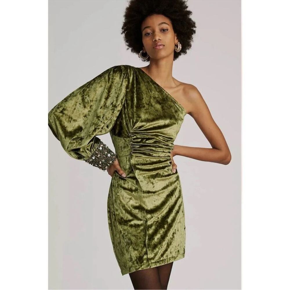NWT ANTHROPOLOGIE NIRMOOHA 12 Sequins Beaded One Shoulder Velvet Mini Dress